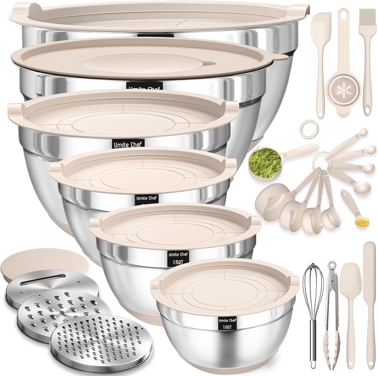 Mixing Bowls with Airtight Lids Set, 26PCS Stainless Steel Khaki Bowls with Grater Attachments