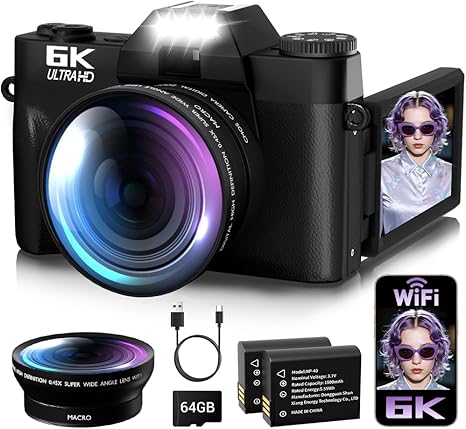 6K Digital Camera for Photography Autofocus, 2026 Upgraded 64MP WiFi Vlogging Camera for YouTube with 3" 180° Flip Screen 16X Zoom