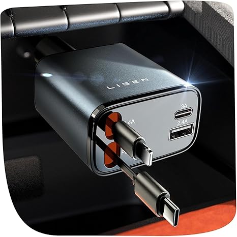 LISEN Retractable Car Charger, 84W Car Charger USB C Fast Charge, 4 in 1