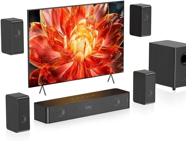 Wooden 5.1.2 Virtual Surround Sound System, 4 Surround Speakers Wired, 400W Peak Power, Sound Bars for Smart TV w/Subwoofer